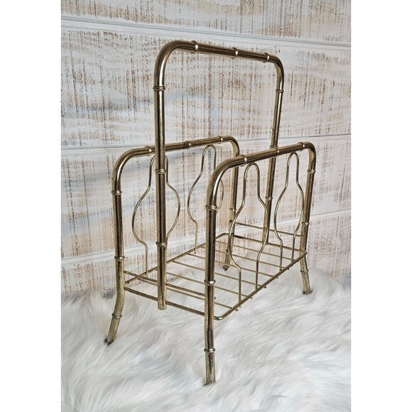 Vintage Mid Century Modern Hollywood Regency Metal Bamboo Gold Magazine‎ Rack - Picture 1 of 16
